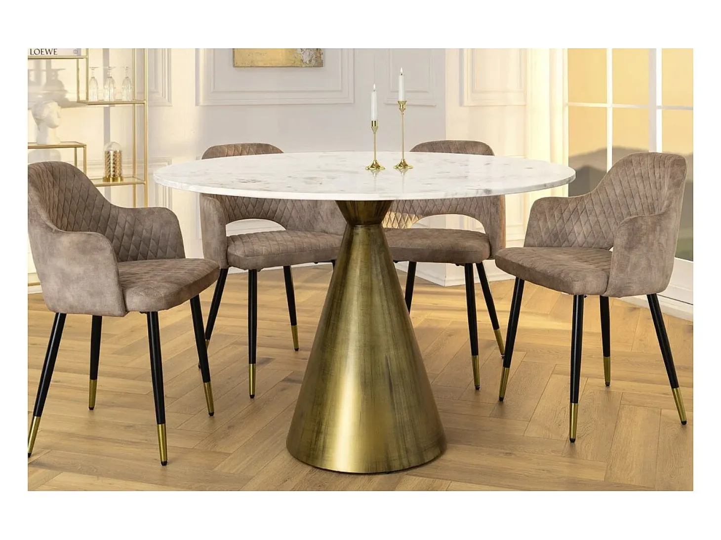 Mesa redonda SOLEA – Mármol blanco y pie dorado – Elegante y moderna