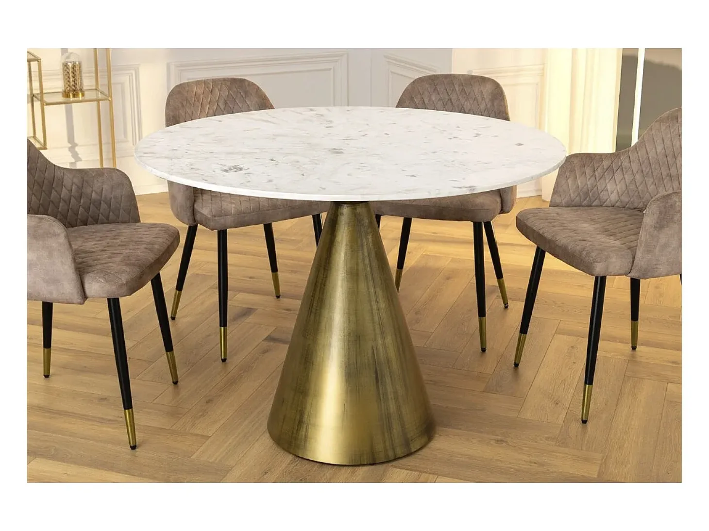 Mesa redonda SOLEA – Mármol blanco y pie dorado – Elegante y moderna