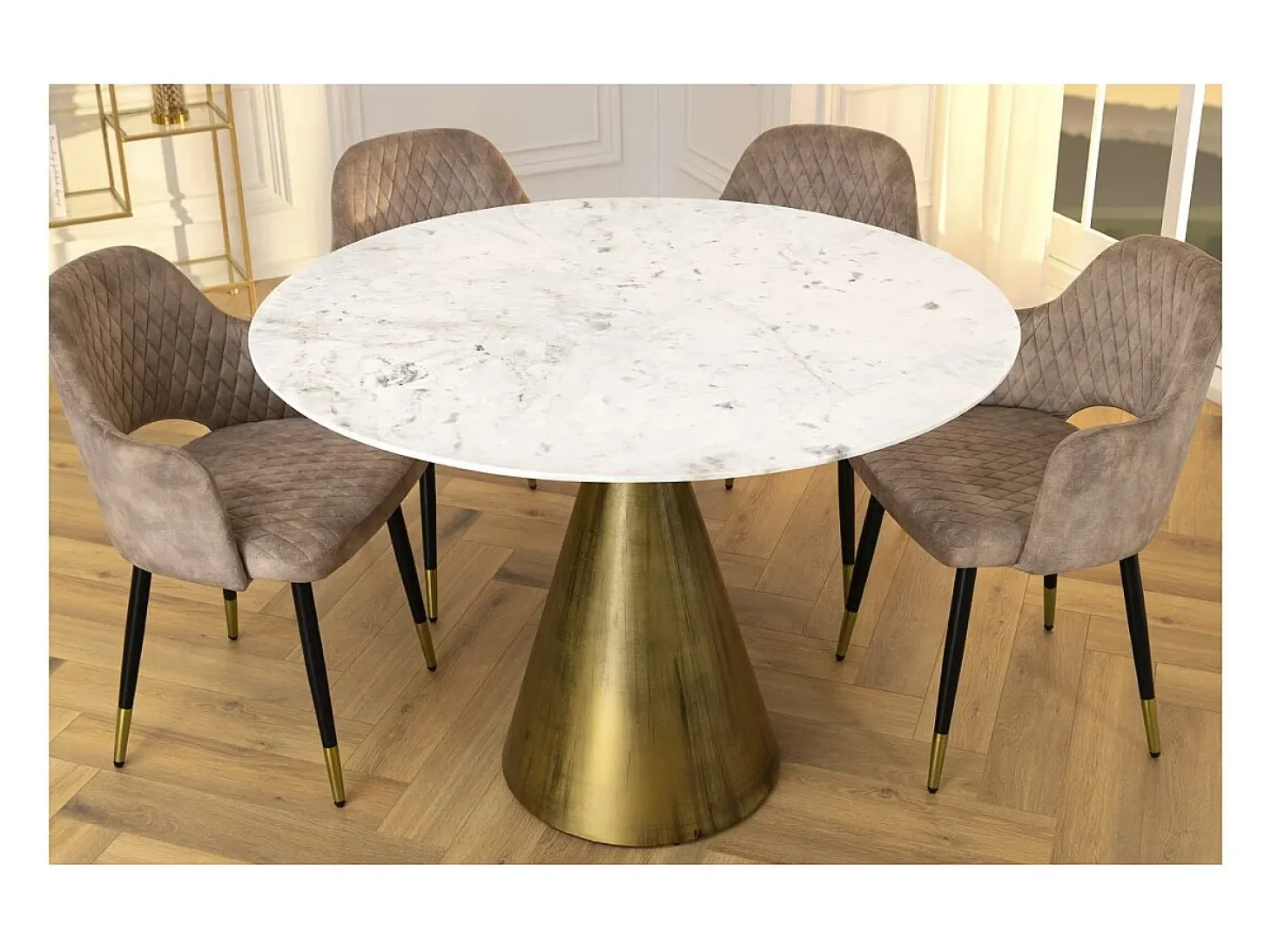 Mesa redonda SOLEA – Mármol blanco y pie dorado – Elegante y moderna