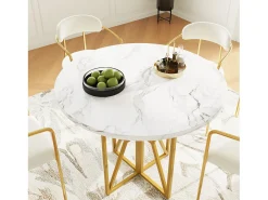 Mesa redonda 80x80x76 cm - Estructura de metal - acabado con diseño de mármol - Para 2 a 6 personas - Blanco y Dorado