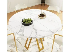 Mesa redonda 100x100x76 cm - Estructura de metal - acabado con diseño de mármol - Para 2 a 6 personas - Blanco y Dorado