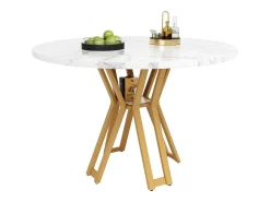 Mesa redonda 100x100x76 cm - Estructura de metal - acabado con diseño de mármol - Para 2 a 6 personas - Blanco y Dorado