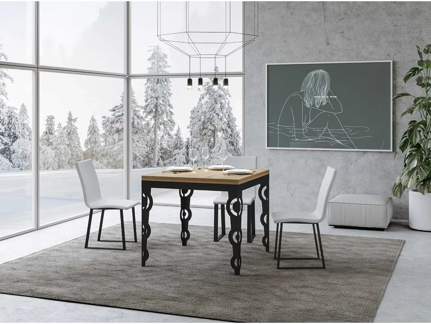 Mesa tipo libro 90x90/180 cm Karamay Libra Roble Natural estructura Antracita