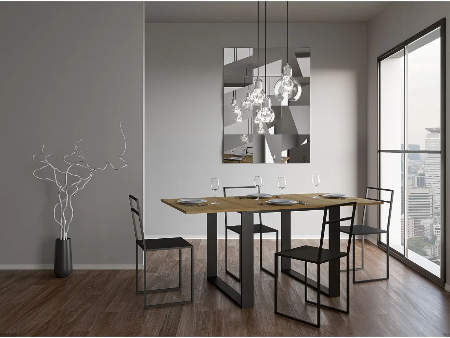 Mesa tipo libro 90x90/180 cm Tecno Libra Roble Natural estructura Antracita