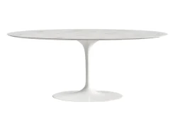 Mesa tulipán ovalada de mármol blanco con base brillante 160 cm-Bandeja Mármol blanco de Carrara-Anchura 200 cm-Color de los pies Blanco mate