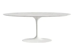 Mesa tulipán ovalada de mármol blanco con base brillante 160 cm-Bandeja Mármol blanco de Carrara-Anchura 200 cm-Color de los pies Blanco mate