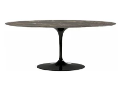 Mesa tulipán ovalada de mármol blanco con base brillante 160 cm-Bandeja Mármol marrón Emperador-Anchura 200 cm-Color de los pies Negro mate