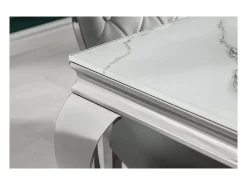 Mesa VELENA 200 cm – Tablero de cristal efecto mármol blanco – Estructura de acero plateado