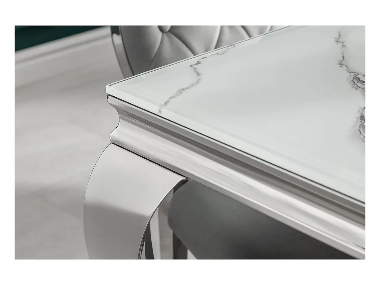 Mesa VELENA 200 cm – Tablero de cristal efecto mármol blanco – Estructura de acero plateado