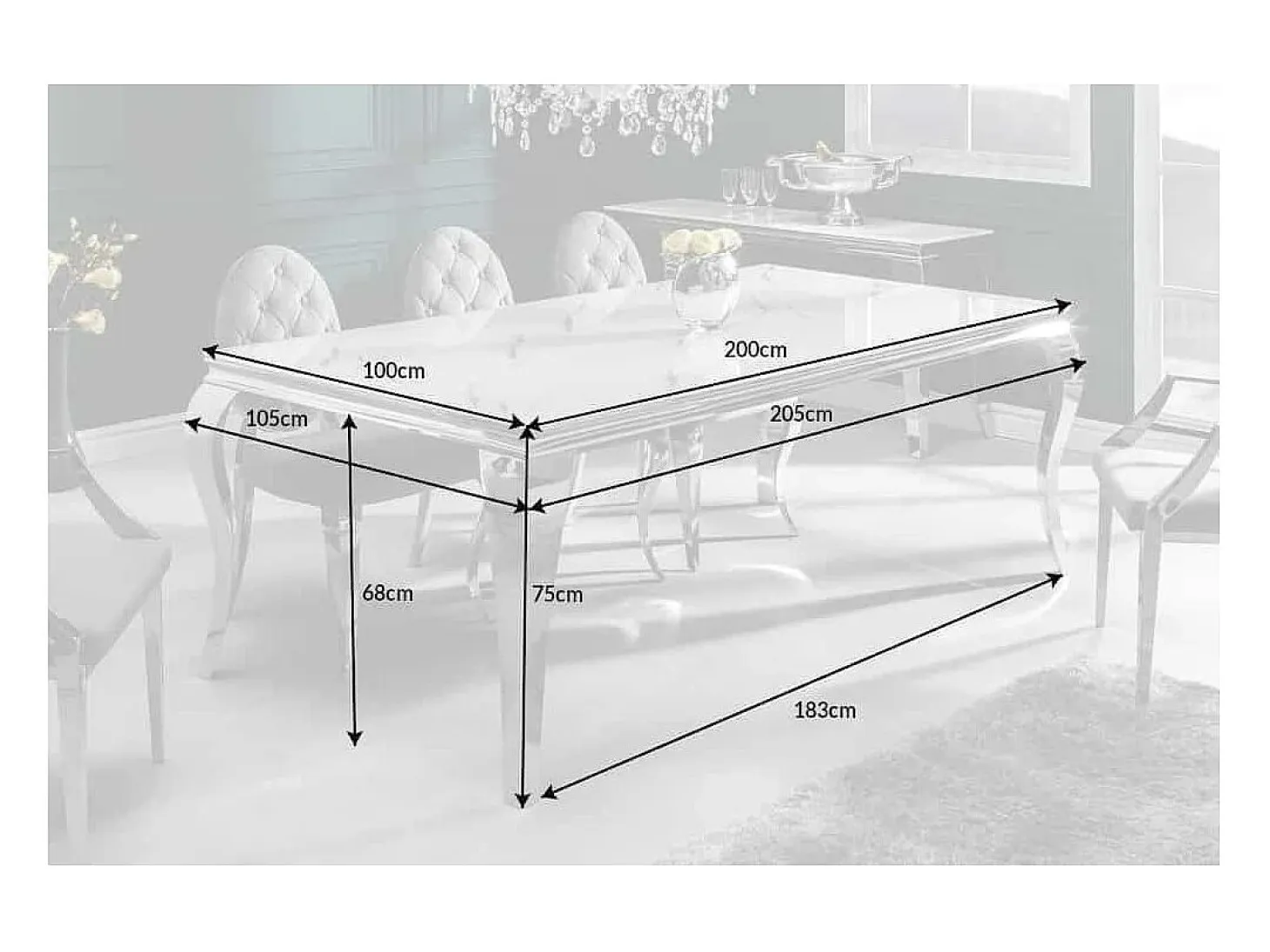 Mesa VELENA 200 cm – Tablero de cristal efecto mármol blanco – Estructura de acero plateado