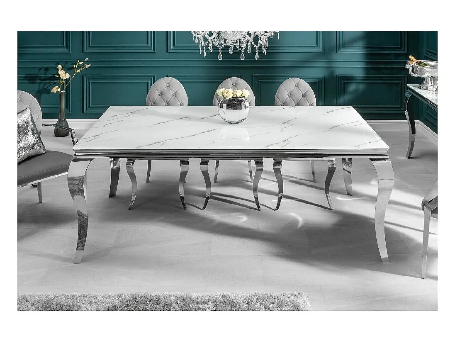 Mesa VELENA 200 cm – Tablero de cristal efecto mármol blanco – Estructura de acero plateado