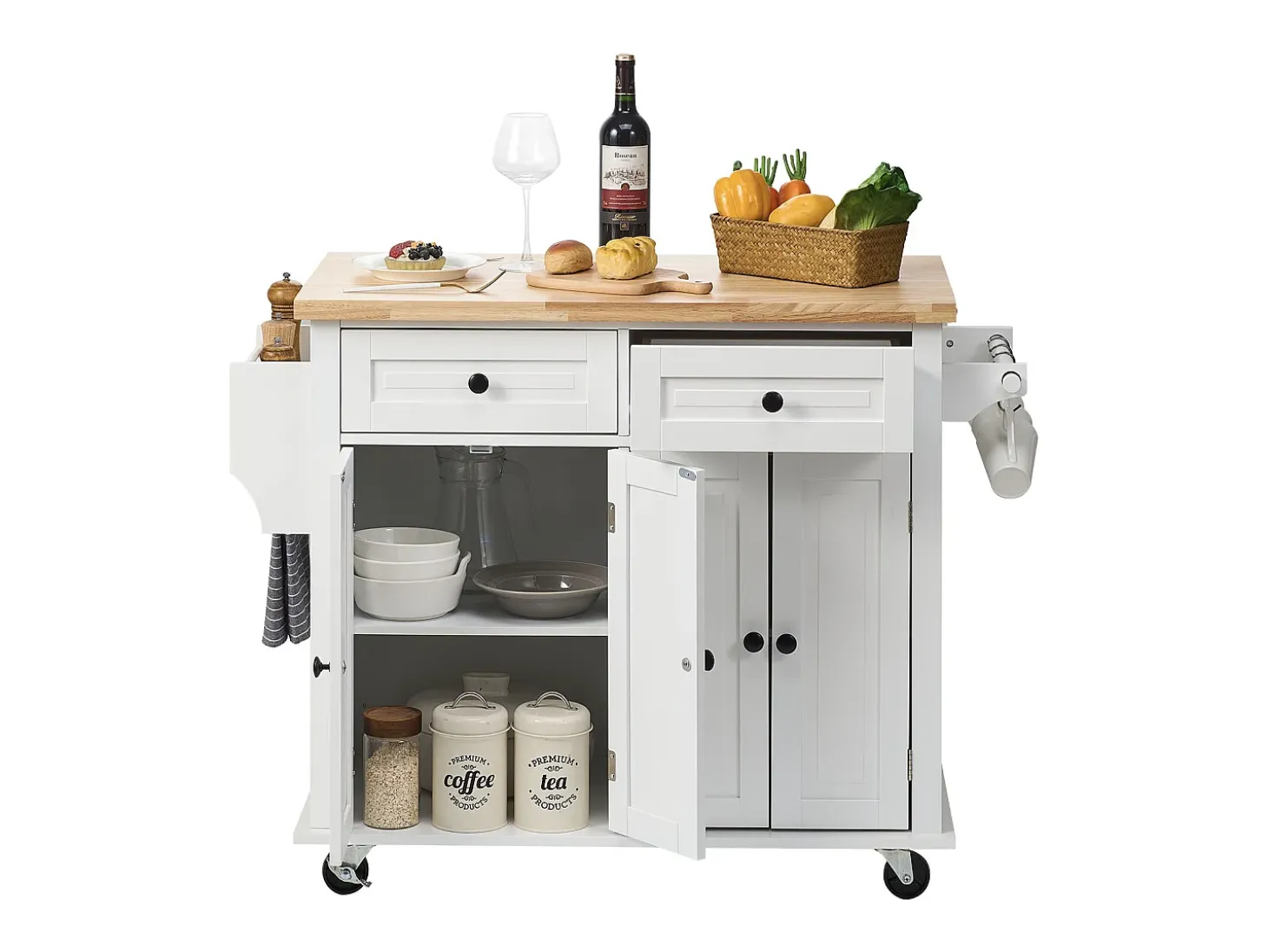 Mesón de Cocina con Ruedas SucceBuy, 90cm, Armario Rodante de Estorage con Cajón y Soporte, Blanco