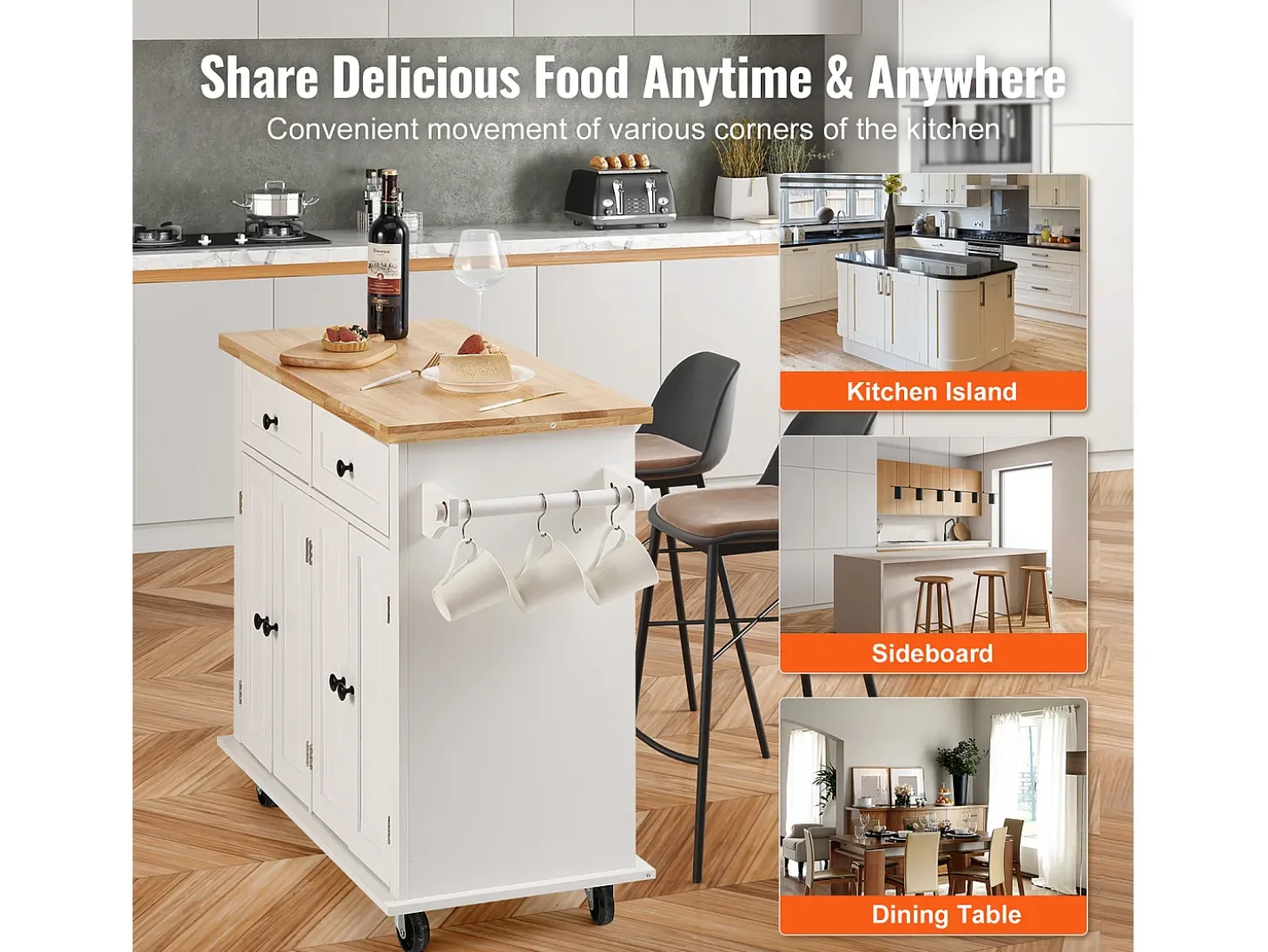 Mesón de Cocina con Ruedas SucceBuy, 90cm, Armario Rodante de Estorage con Cajón y Soporte, Blanco