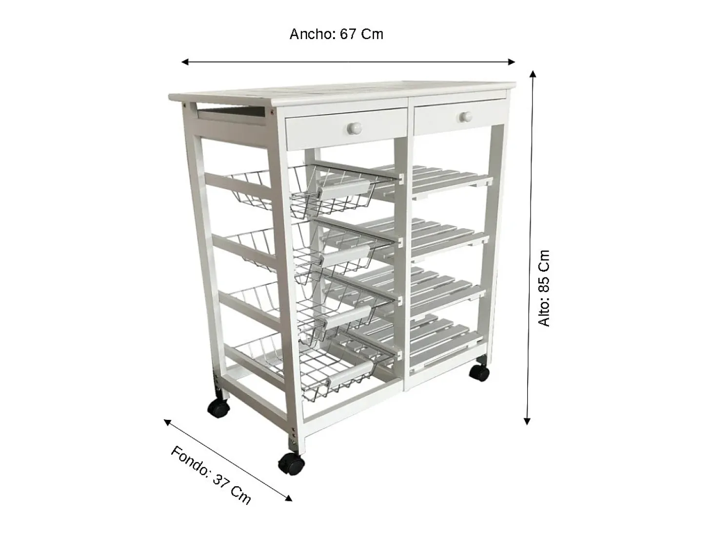 Meyvaser - Carro de cocina verdulero Doble con 4 Cestas 4 Baldas Y 2 Cajones Color Blanco 85 x 67 x 37 Cm
