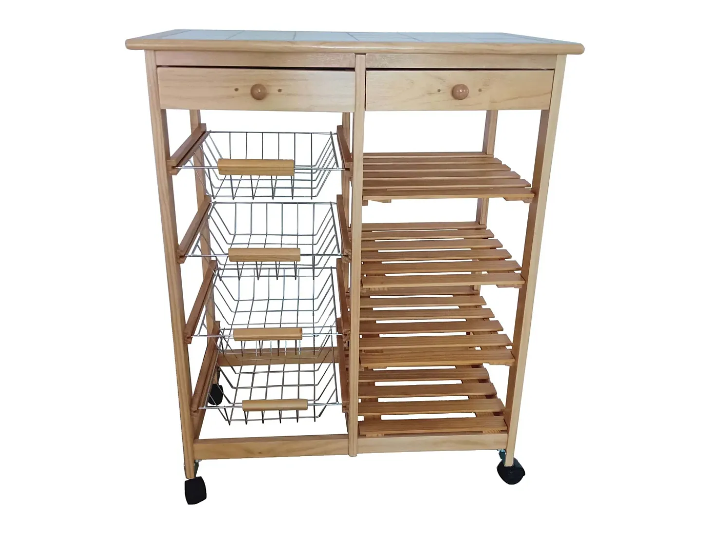 Meyvaser - Carro de cocina con ruedas doble con 4 cestas 4 baldas y 2 Cajones con ruedas Color miel 85 x 67 x 37 Cm