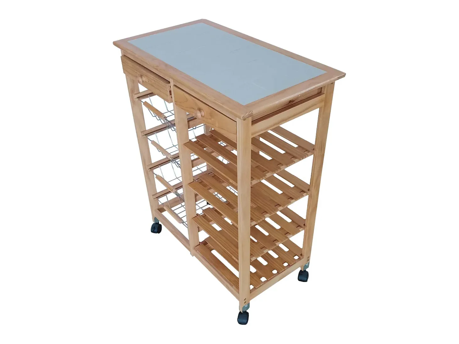 Meyvaser - Carro de cocina con ruedas doble con 4 cestas 4 baldas y 2 Cajones con ruedas Color miel 85 x 67 x 37 Cm