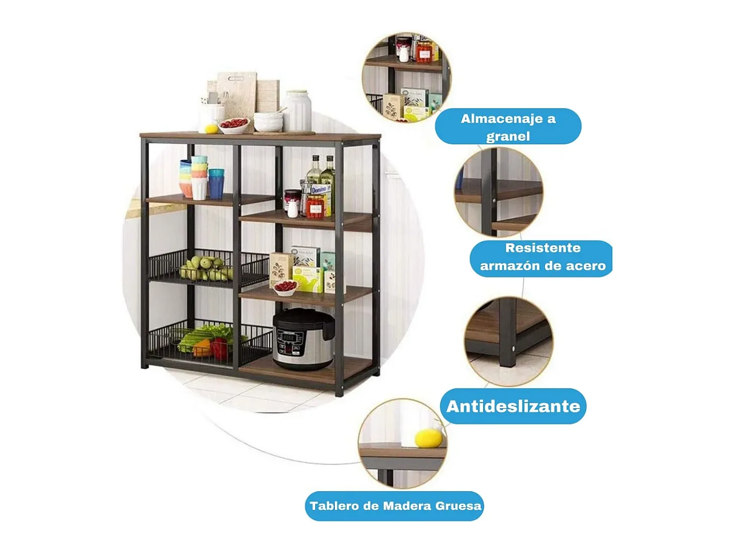 Meyvaser, Estante de Cocina, Mueble de Almacenamiento, para Horno microondas, con 2 cestas metálicas de Malla, 4 Niveles , 80 x 30 x 101 cm, Negro