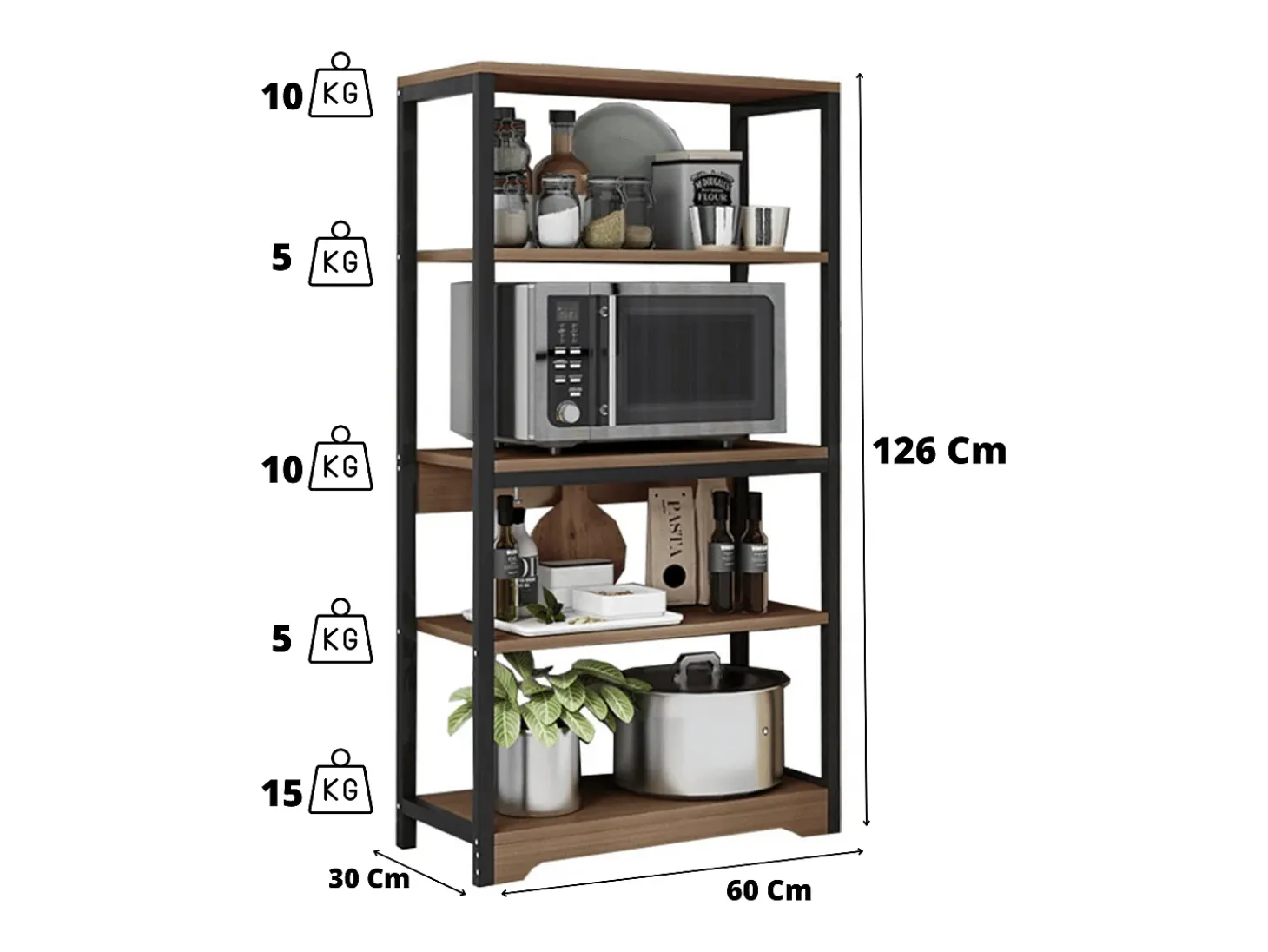 Meyvaser Estantería de Cocina Con Marco de Metal Negro, Estante Industrial para microondas 60x30x126 cm