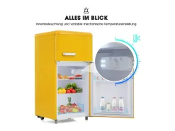 Mini nevera retro, 72 L en total, 21 L en congelador, 51 L en frigorífico, Clase energética E, LED, Diseño retro, Amarillo (45 x 44 x 91 cm)