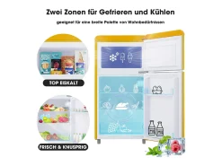 Mini nevera retro, 72 L en total, 21 L en congelador, 51 L en frigorífico, Clase energética E, LED, Diseño retro, Amarillo (45 x 44 x 91 cm)