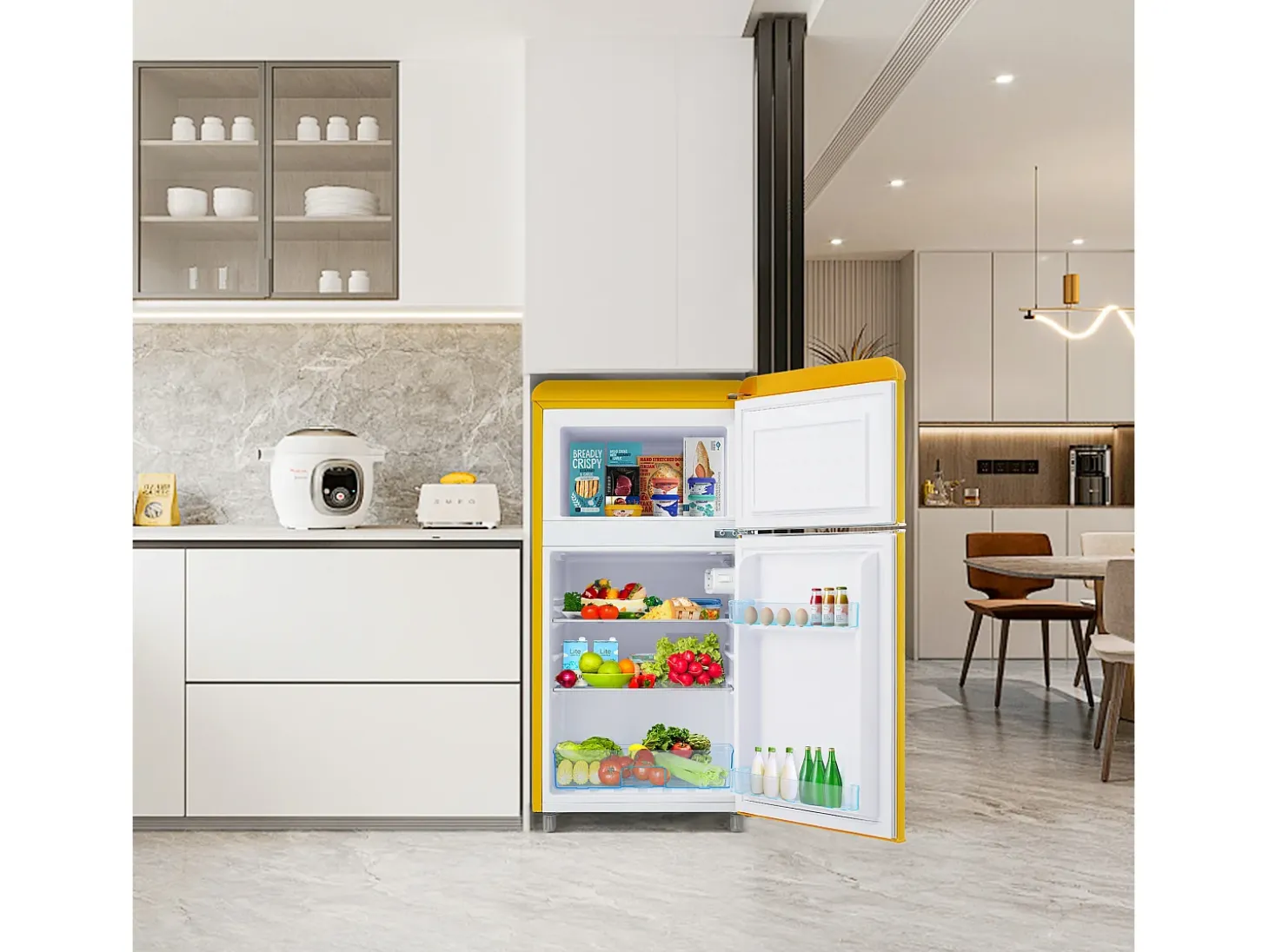 Mini nevera retro, 72 L en total, 21 L en congelador, 51 L en frigorífico, Clase energética E, LED, Diseño retro, Amarillo (45 x 44 x 91 cm)