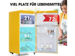 Mini nevera retro, 72 L en total, 21 L en congelador, 51 L en frigorífico, Clase energética E, LED, Diseño retro, Amarillo (45 x 44 x 91 cm)
