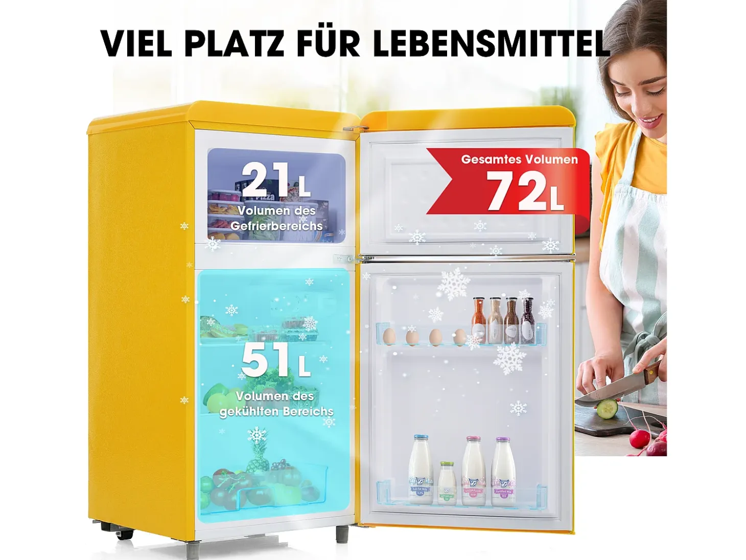Mini nevera retro, 72 L en total, 21 L en congelador, 51 L en frigorífico, Clase energética E, LED, Diseño retro, Amarillo (45 x 44 x 91 cm)