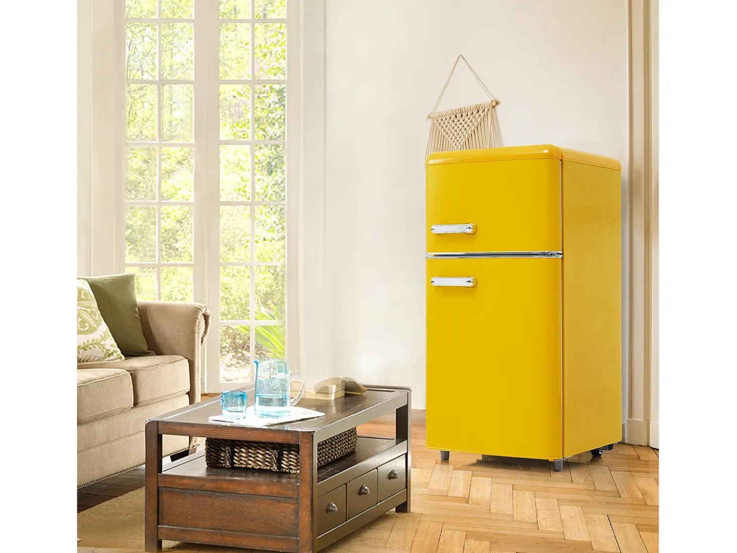 Mini nevera retro, 72 L en total, 21 L en congelador, 51 L en frigorífico, Clase energética E, LED, Diseño retro, Amarillo (45 x 44 x 91 cm)