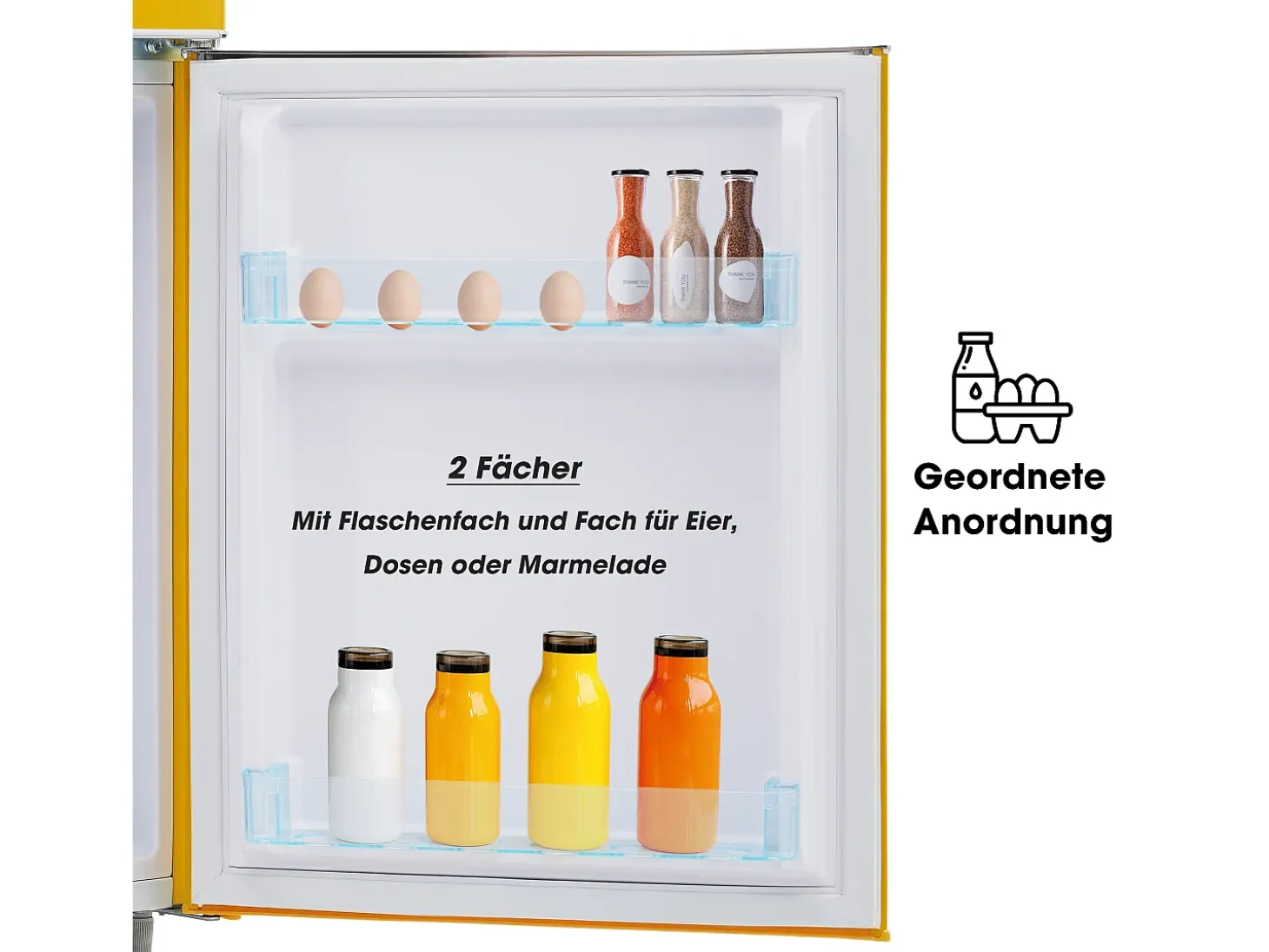 Mini nevera retro, 72 L en total, 21 L en congelador, 51 L en frigorífico, Clase energética E, LED, Diseño retro, Amarillo (45 x 44 x 91 cm)