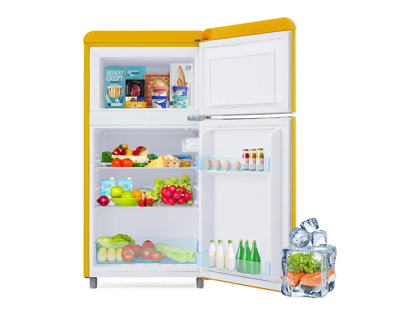 Mini nevera retro, 72 L en total, 21 L en congelador, 51 L en frigorífico, Clase energética E, LED, Diseño retro, Amarillo (45 x 44 x 91 cm)
