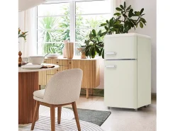 Mini nevera retro, 72 L en total, 21 L en congelador, 51 L en frigorífico, Clase energética E, LED, Diseño retro, Blanco (45 x 44 x 91 cm)