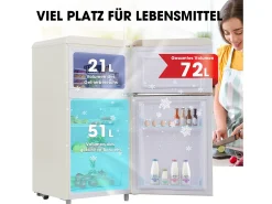 Mini nevera retro, 72 L en total, 21 L en congelador, 51 L en frigorífico, Clase energética E, LED, Diseño retro, Blanco (45 x 44 x 91 cm)