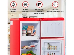 Mini nevera retro, 60 L en total, 22 L en congelador, 38 L en frigorífico, clase energética E, LED, diseño retro, color rojo (88,8 x 45,5 x 42,5 cm)