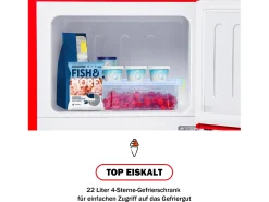 Mini nevera retro, 60 L en total, 22 L en congelador, 38 L en frigorífico, clase energética E, LED, diseño retro, color rojo (88,8 x 45,5 x 42,5 cm)