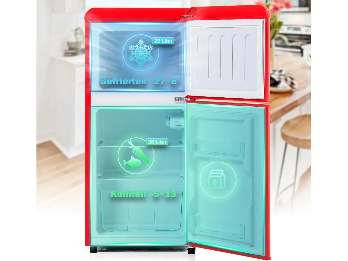 Mini nevera retro, 60 L en total, 22 L en congelador, 38 L en frigorífico, clase energética E, LED, diseño retro, color rojo (88,8 x 45,5 x 42,5 cm)