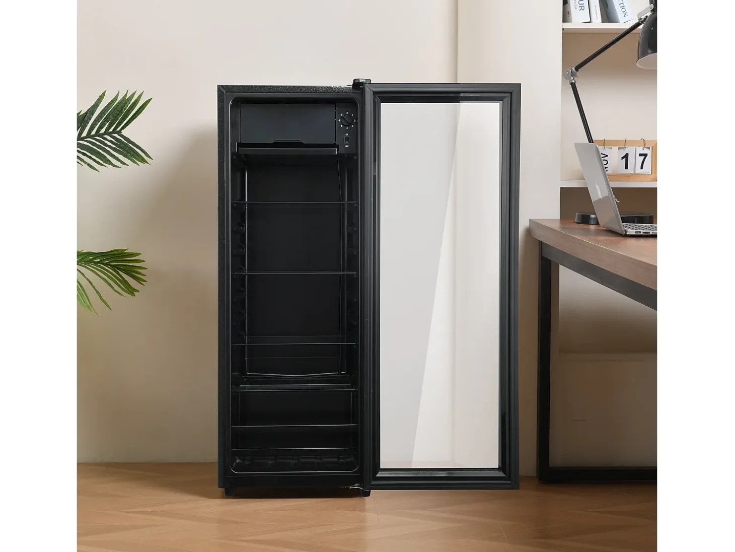 Mini refrigerador de 128 L, congelador de 8 L + refrigerador de 120 L, 7 niveles de temperatura, LED, R600a, acero inoxidable, negro (40 x 43,5 x 110 cm)