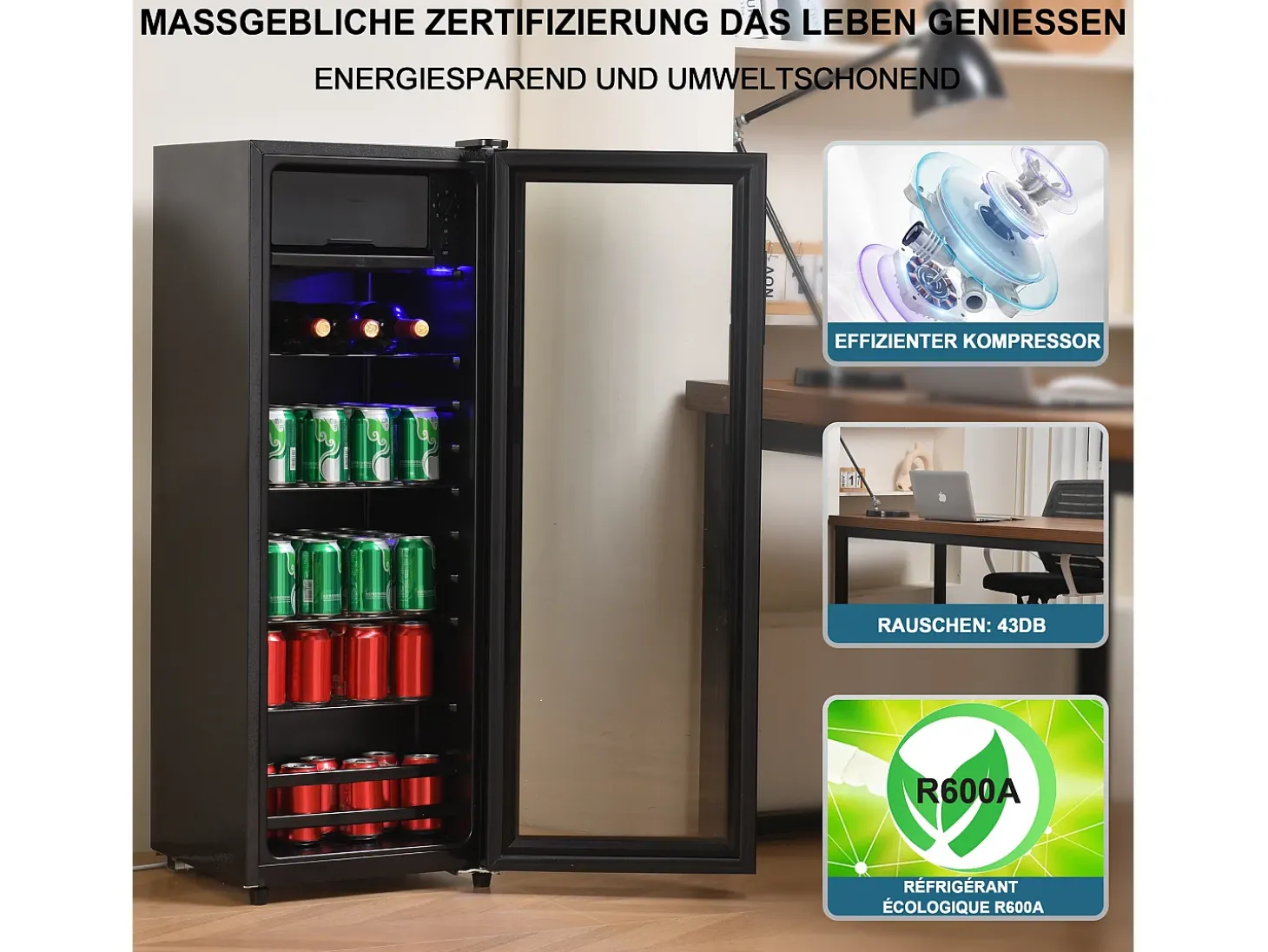 Mini refrigerador de 128 L, congelador de 8 L + refrigerador de 120 L, 7 niveles de temperatura, LED, R600a, acero inoxidable, negro (40 x 43,5 x 110 cm)