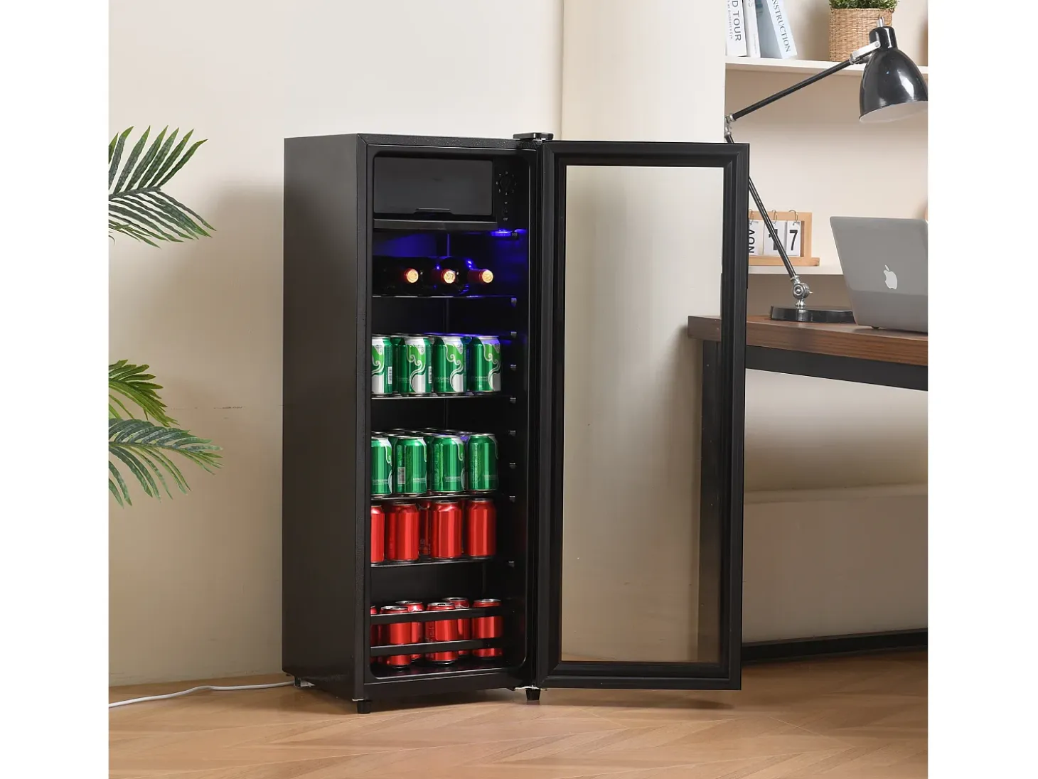 Mini refrigerador de 128 L, congelador de 8 L + refrigerador de 120 L, 7 niveles de temperatura, LED, R600a, acero inoxidable, negro (40 x 43,5 x 110 cm)