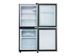 Mini refrigerador de 106 L, refrigerador de 60 L + congelador de 46 L, 7 niveles de temperatura, LED, acero inoxidable, negro y plateado (42,5 x 44,5 x 102 cm)