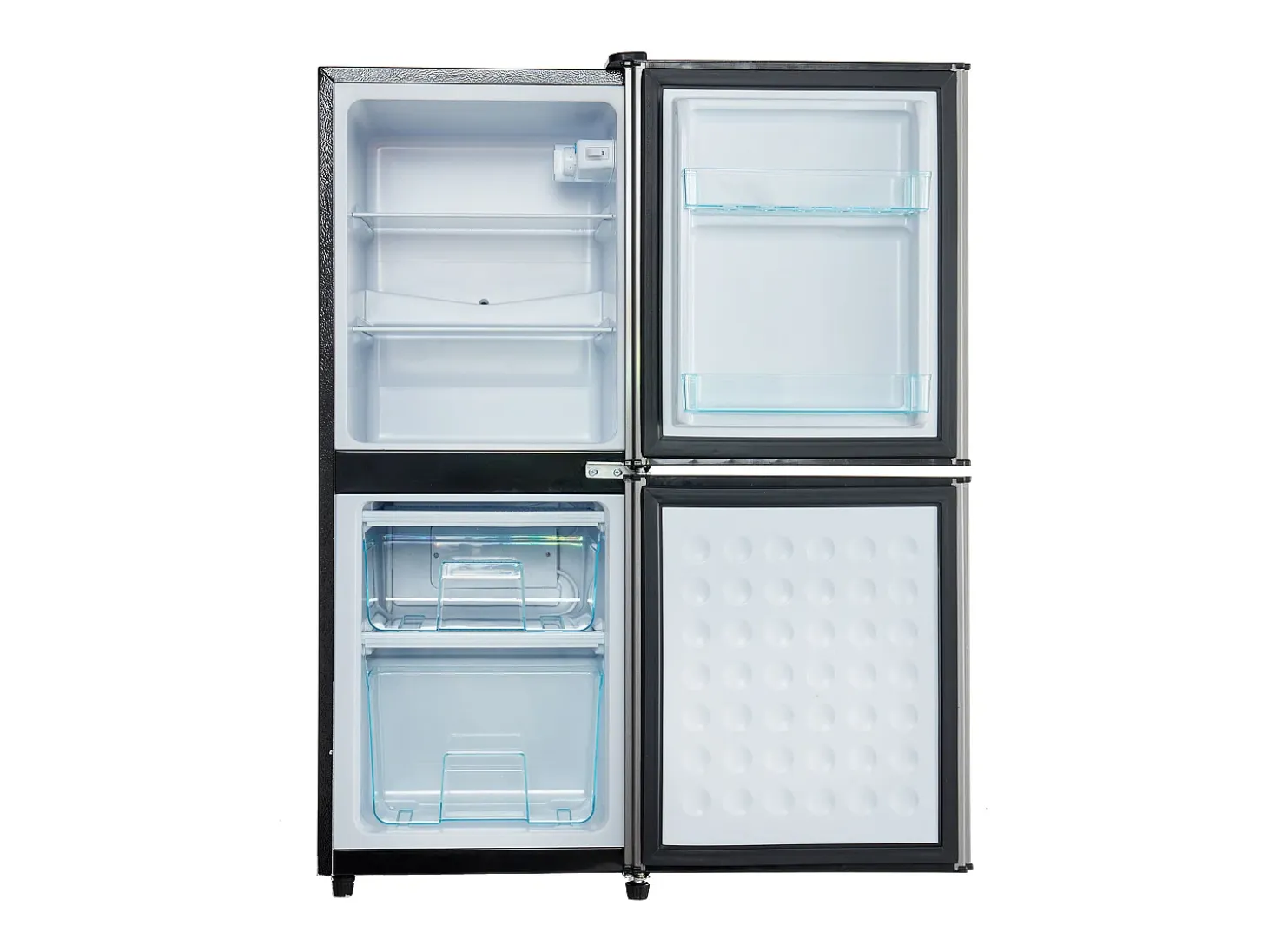 Mini refrigerador de 106 L, refrigerador de 60 L + congelador de 46 L, 7 niveles de temperatura, LED, acero inoxidable, negro y plateado (42,5 x 44,5 x 102 cm)
