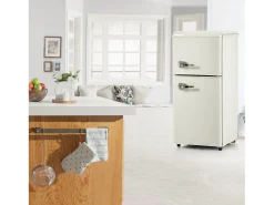 Mini refrigerador de doble puerta, 60 L en total, congelador de 22 L, refrigerador de 38 L, LED, plástico, blanco crema (88,8 x 45,5 x 42,5 cm)