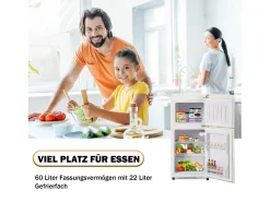 Mini refrigerador de doble puerta, 60 L en total, congelador de 22 L, refrigerador de 38 L, LED, plástico, blanco crema (88,8 x 45,5 x 42,5 cm)
