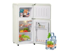 Mini refrigerador de doble puerta, 60 L en total, congelador de 22 L, refrigerador de 38 L, LED, plástico, blanco crema (88,8 x 45,5 x 42,5 cm)