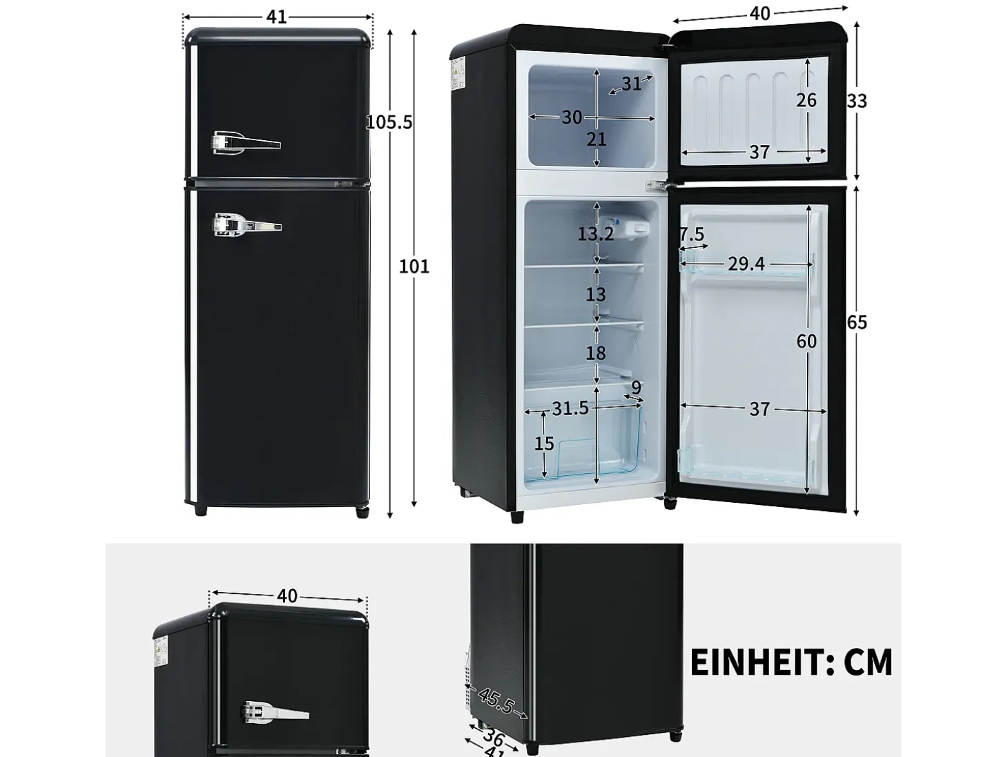 Mininevera retro, 92 L en total, congelador de 28 L, refrigerador de 64 L, clase energética D, LED, diseño moderno, color negro (105,5 x 41 x 45,5 cm)
