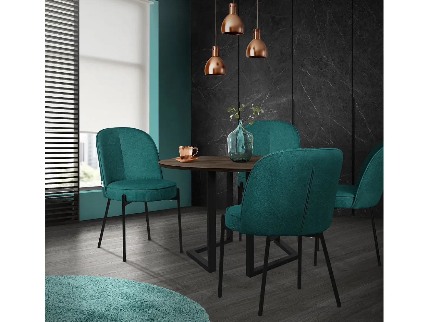 ML-Design 4 Sillas de comedor redondas azul petrol poliéster tapizado con patas de metal asiento acolchado con respaldo diseño atemporal ergonómico