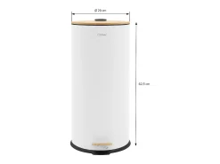 ML-Design Cubo de basura con pedal 30L papelera redonda acabado de acero inoxidable blanco, tapa de bambú con cierre suave para hogar y oficinas