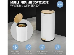 ML-Design Cubo de basura con pedal 30L papelera redonda acabado de acero inoxidable blanco, tapa de bambú con cierre suave para hogar y oficinas