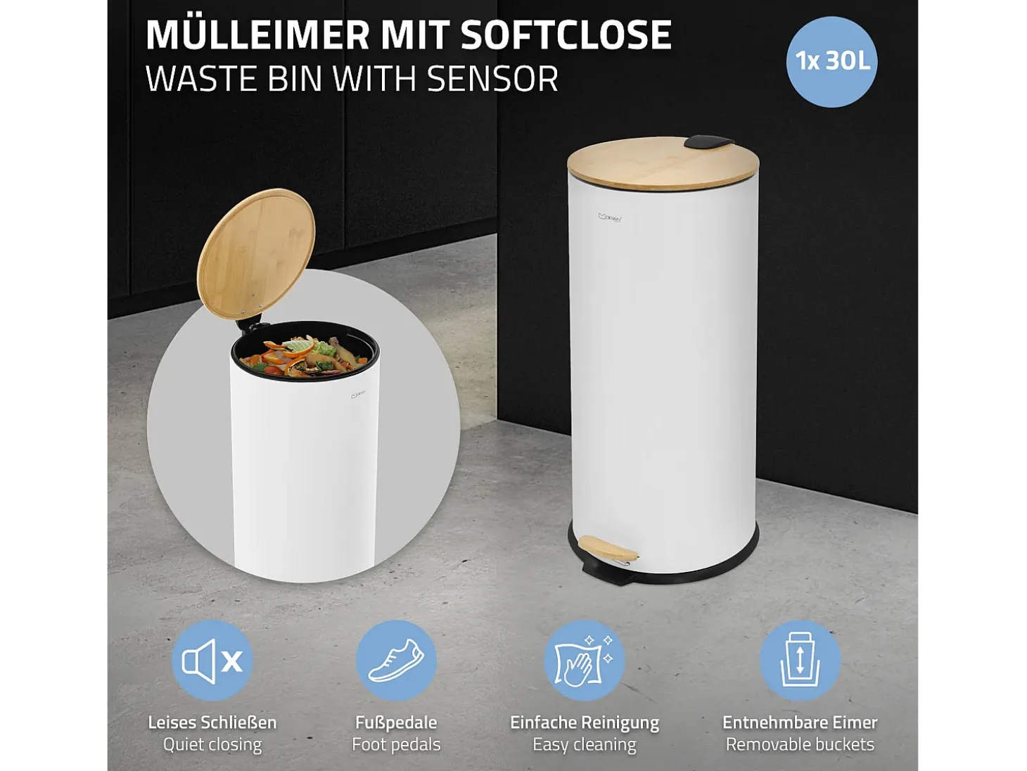 ML-Design Cubo de basura con pedal 30L papelera redonda acabado de acero inoxidable blanco, tapa de bambú con cierre suave para hogar y oficinas