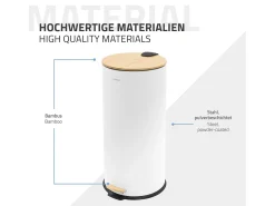 ML-Design Cubo de basura con pedal 30L papelera redonda acabado de acero inoxidable blanco, tapa de bambú con cierre suave para hogar y oficinas