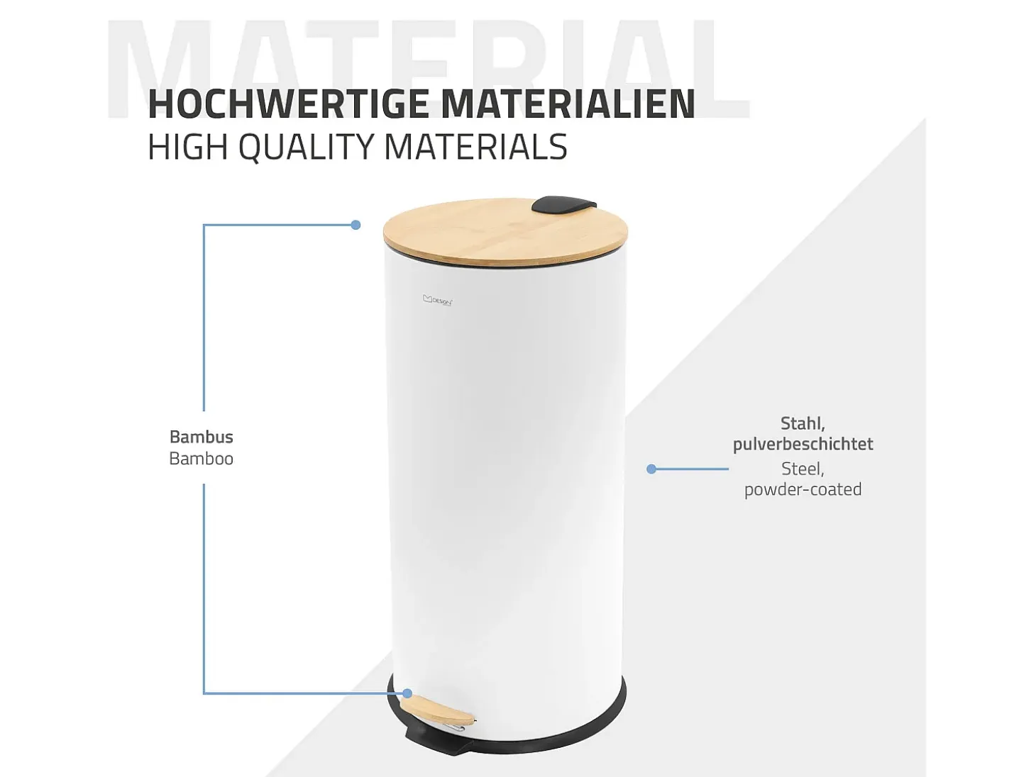 ML-Design Cubo de basura con pedal 30L papelera redonda acabado de acero inoxidable blanco, tapa de bambú con cierre suave para hogar y oficinas